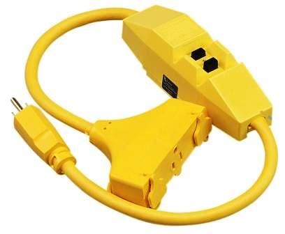 12/3 GAUGE SHOCKSHIELD GFCI PROTECTED IN-LINE TRI-CORD SET WITH 3 OUTLETS, 2 FEET, 15 AMP, YELLOW