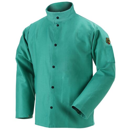 GREEN FLAME-RESISTANT 9 OZ.TREATED COTTON WELDING JACKET 30" LENGTH SIZE LARGE