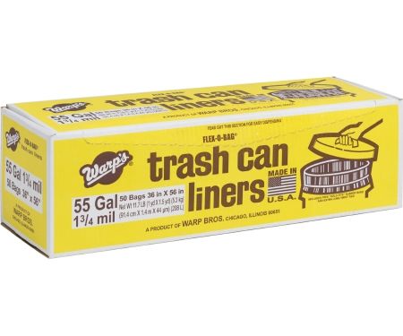 WARP BROTHERS Trash Can Liners, 55 gal, 1.75 mil, 36" X 60", Black